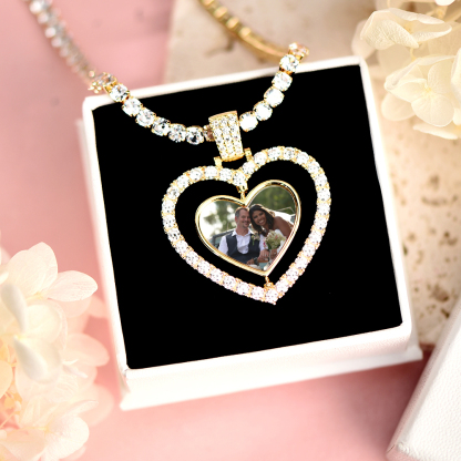 Tennis Chain Heart Shaped Personalized Custom Gold Plated Photo Pendant Necklace