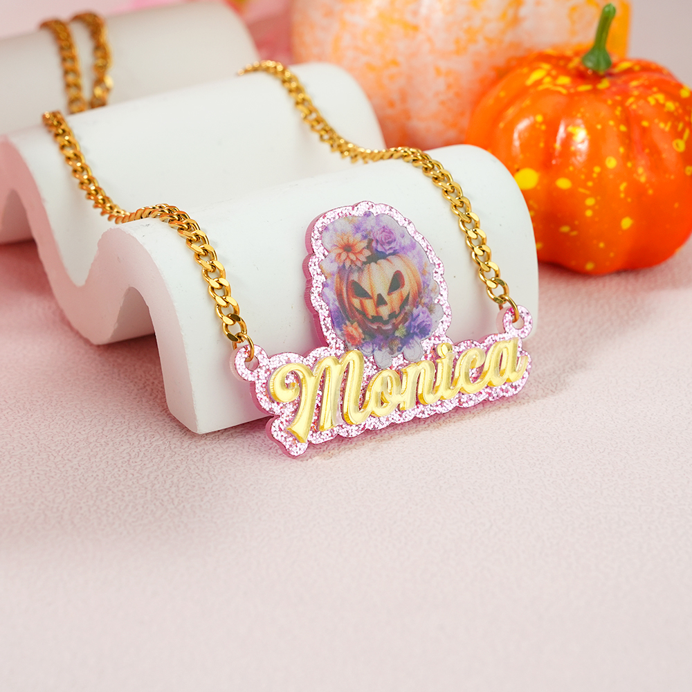 Pumpkin Acrylic Pendant Personalized Name Necklace Halloween Gift