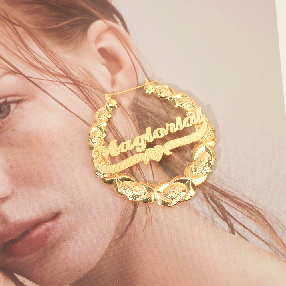 XOXO Bamboo Earrings Heart Nameplate Personalized Custom Gold Plated Name Earrings