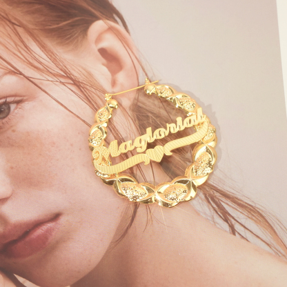 XOXO Bamboo  Earrings Heart Nameplate Personalized Custom Gold Plated Name Earrings