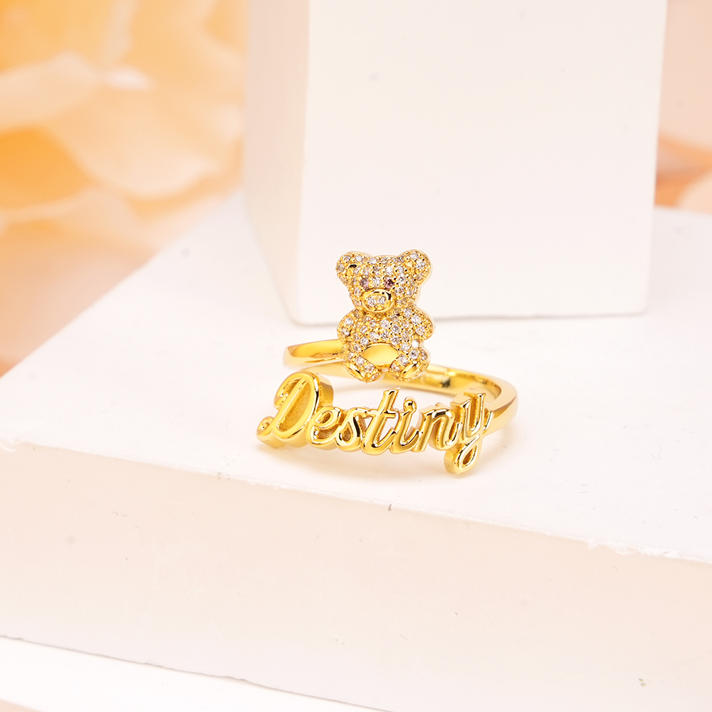 Personalized Gold Plate Bear Name Rings