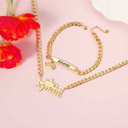 Crown Engraved Pendant Personalized Name Necklace And Name Bracelet ID Birthsday