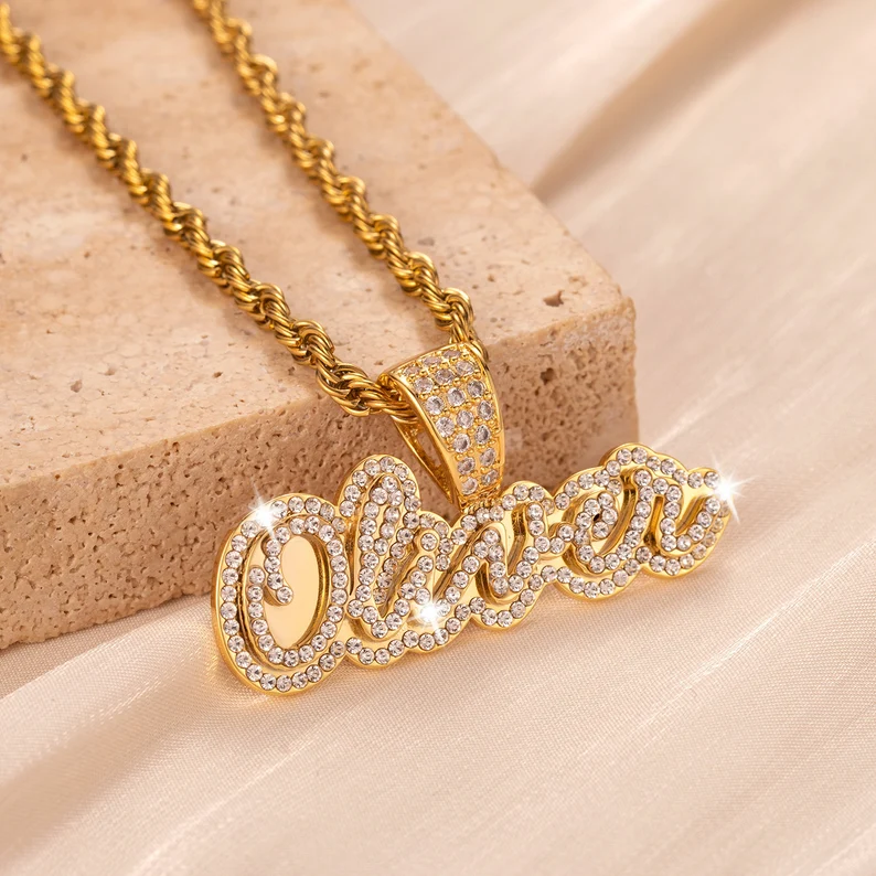Sparkling Crystal Double Plate Personalized Nameplate Pendant Custom Necklace