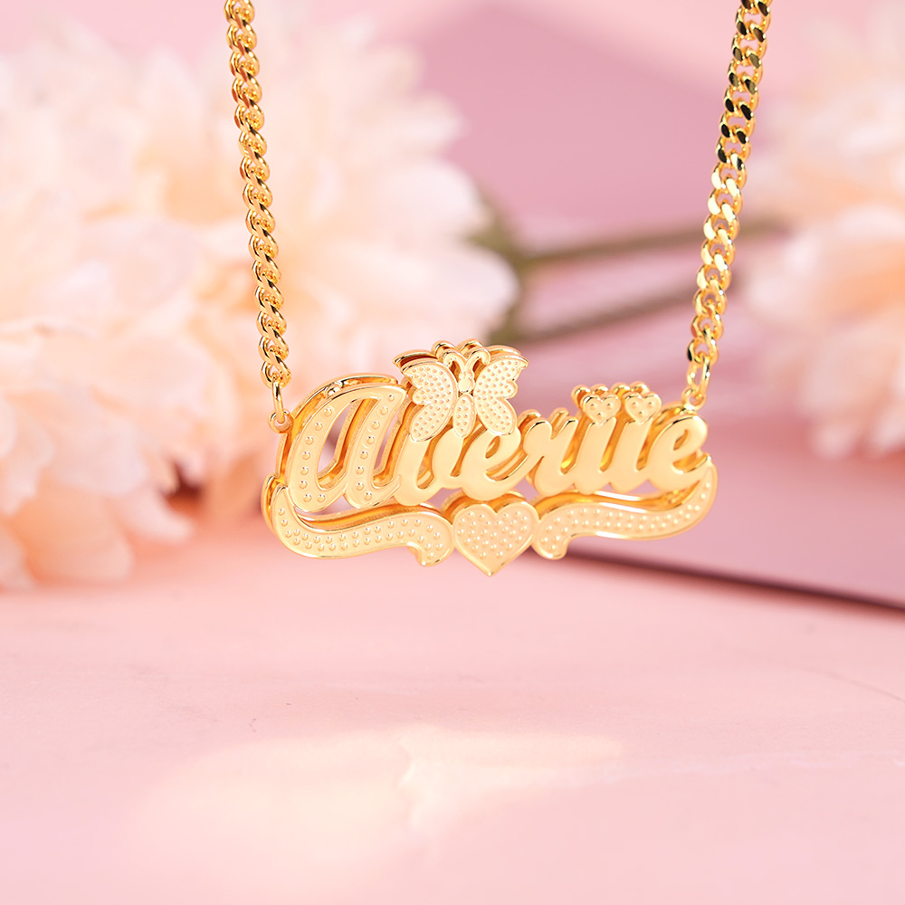 Butterfly Jewelry Set Personalized Double Plated Name Necklace And Birthstone Name Rings