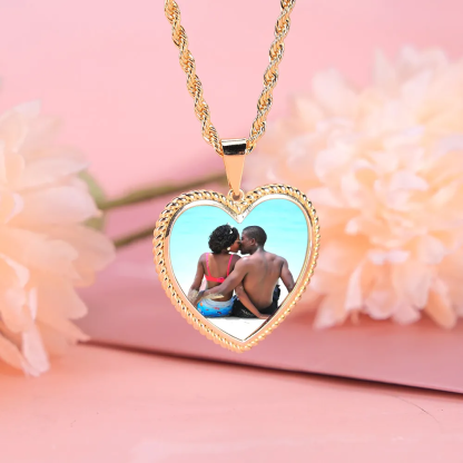 Heart Pendant Personalized Photo Necklace Name Necklace And Bamboo Earrings 3 Piece Set