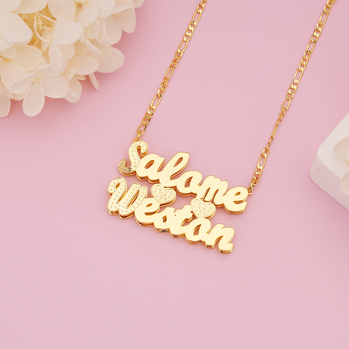 Double Layer 2 Names 2 Hearts Custom Gold Plated Couple Necklace