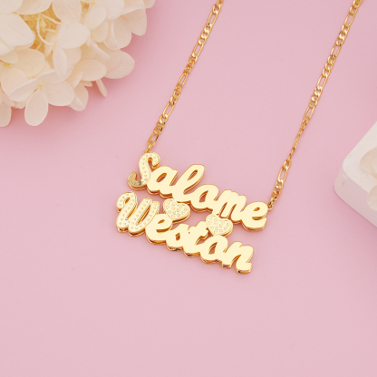 Double Layer 2 Names 2 Hearts Custom Gold Plated Couple Necklace