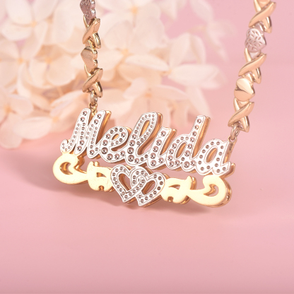 Double Layer Two Tone Personalized Custom Infinity Heart Name Necklace with XOXO Heart Chain