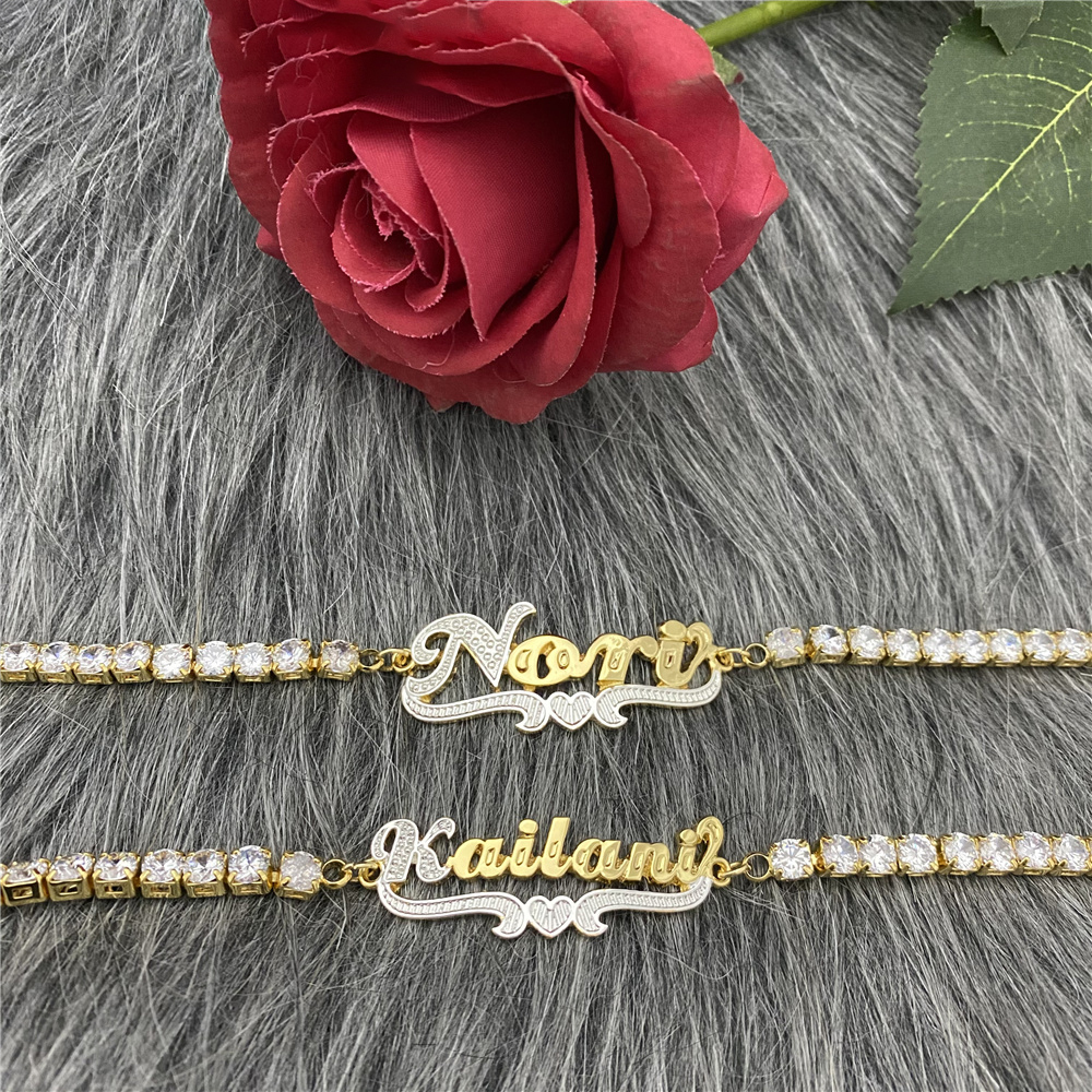 Tennis Chain Double Layer Two-tone Heart Personalized Custom Gold Plated Name Anklet
