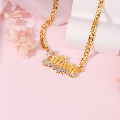 Double Plate Two Tone Heart Nameplate Pendant With Cuban Chain Personalized Name Necklace
