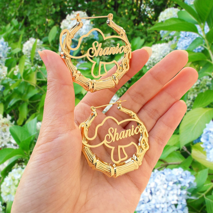 Bamboo Elephant Hoop Earring Custom Name Earrings