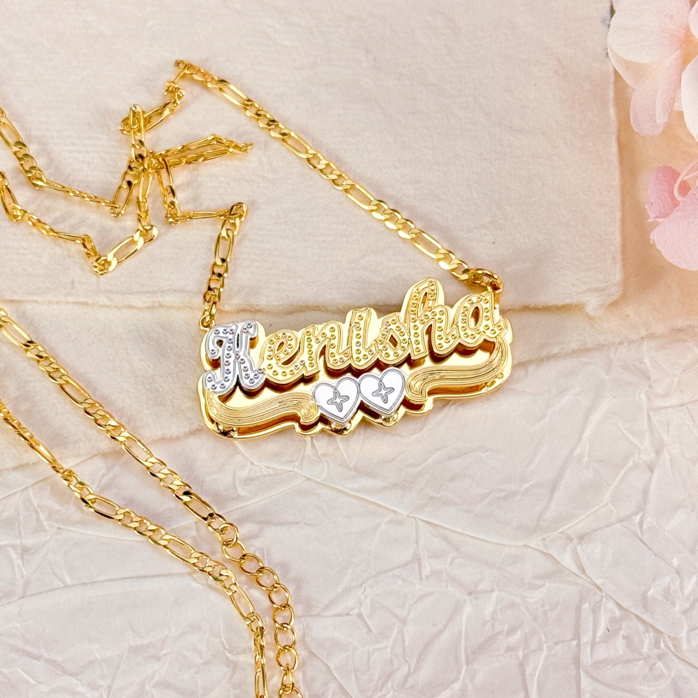 Two Tone Double Plate Custom Name Necklace with Two Hearts
