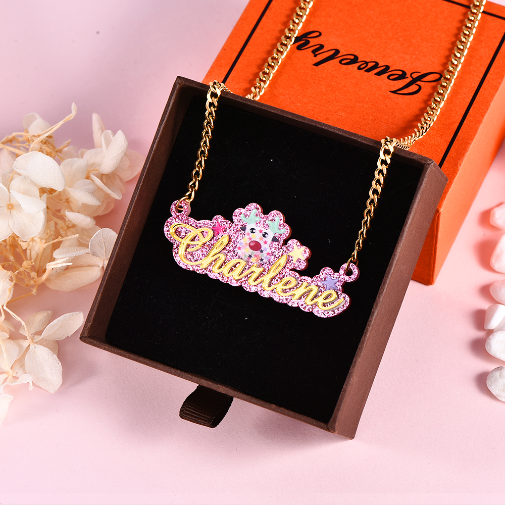 Personalized Acrylic Cuban Chain Cartoon Elk Name Necklace 