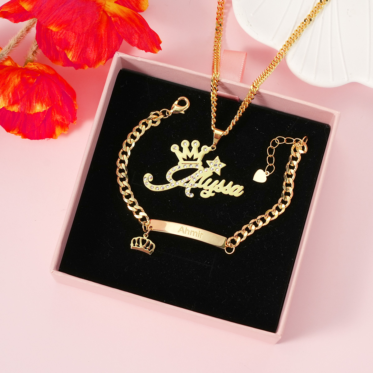 Crown With Zircon Personalized Name Necklace And Name Bracelet Jewelry Set