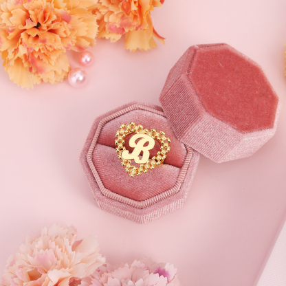 Gear Shape Rolex Style Heart Love Nugget Ring Personalized Initial Letter Ring