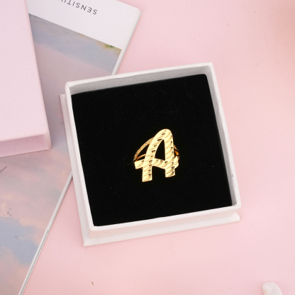 Nugget Ring Personalized Cursive Initial Letter Diamond Cut Ring
