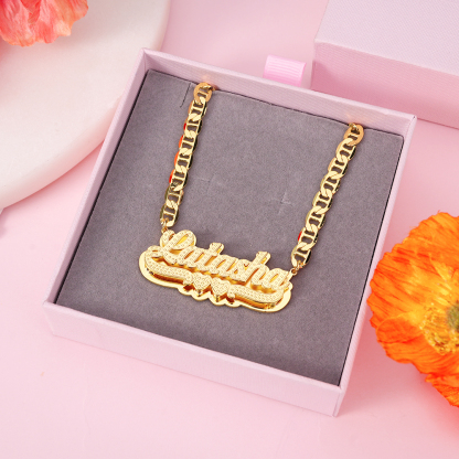 Double Layer Two Hearts Nameplated Pendant Personalized 3D Name Necklace