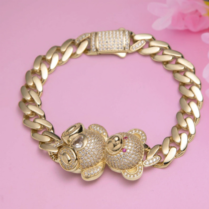 Shiny Teddy Bear Cuban Link Chain Gold Plated Bracelet