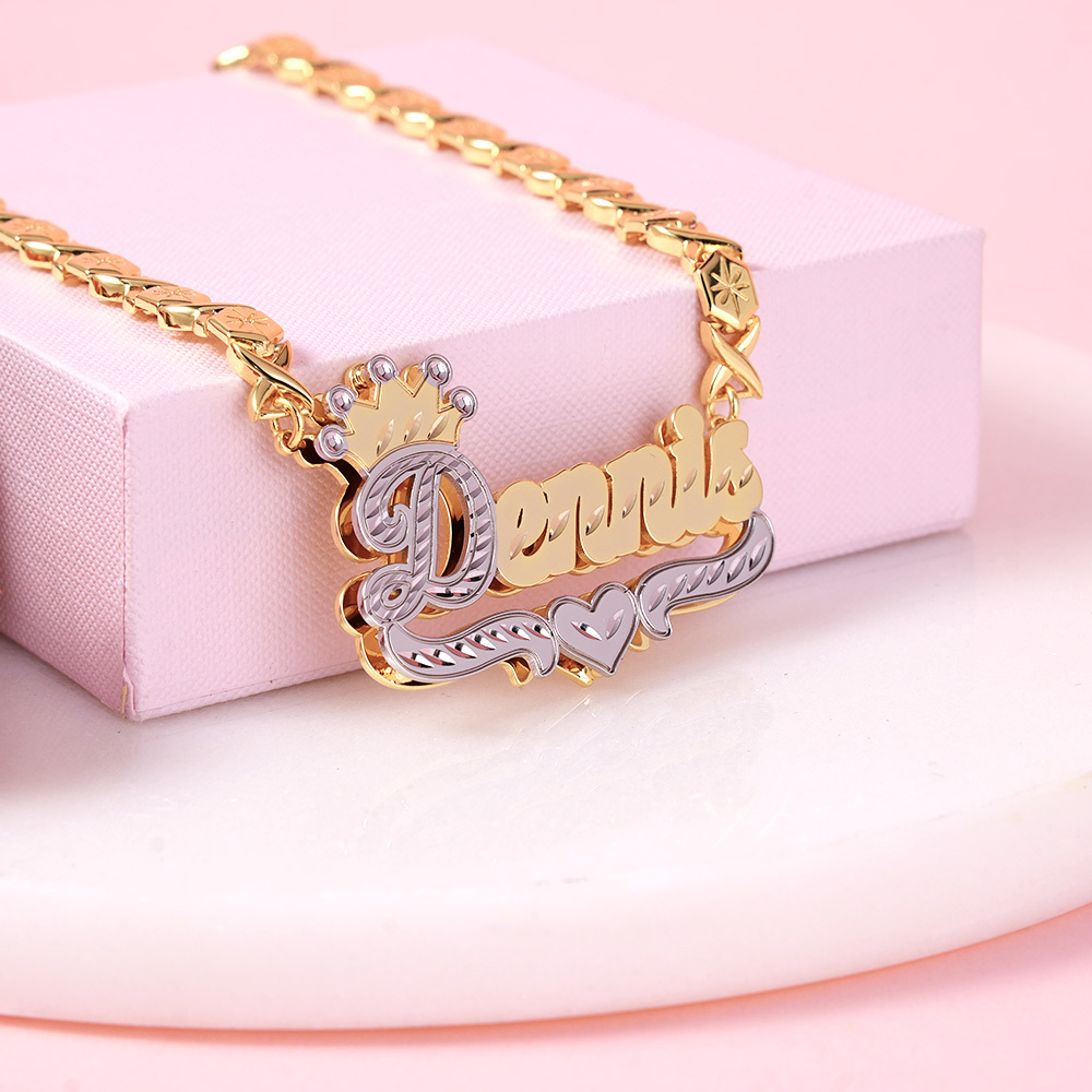 Double Layer Two Tone Crown xoxo Chain Personalized Custom Gold Plated Name Necklace