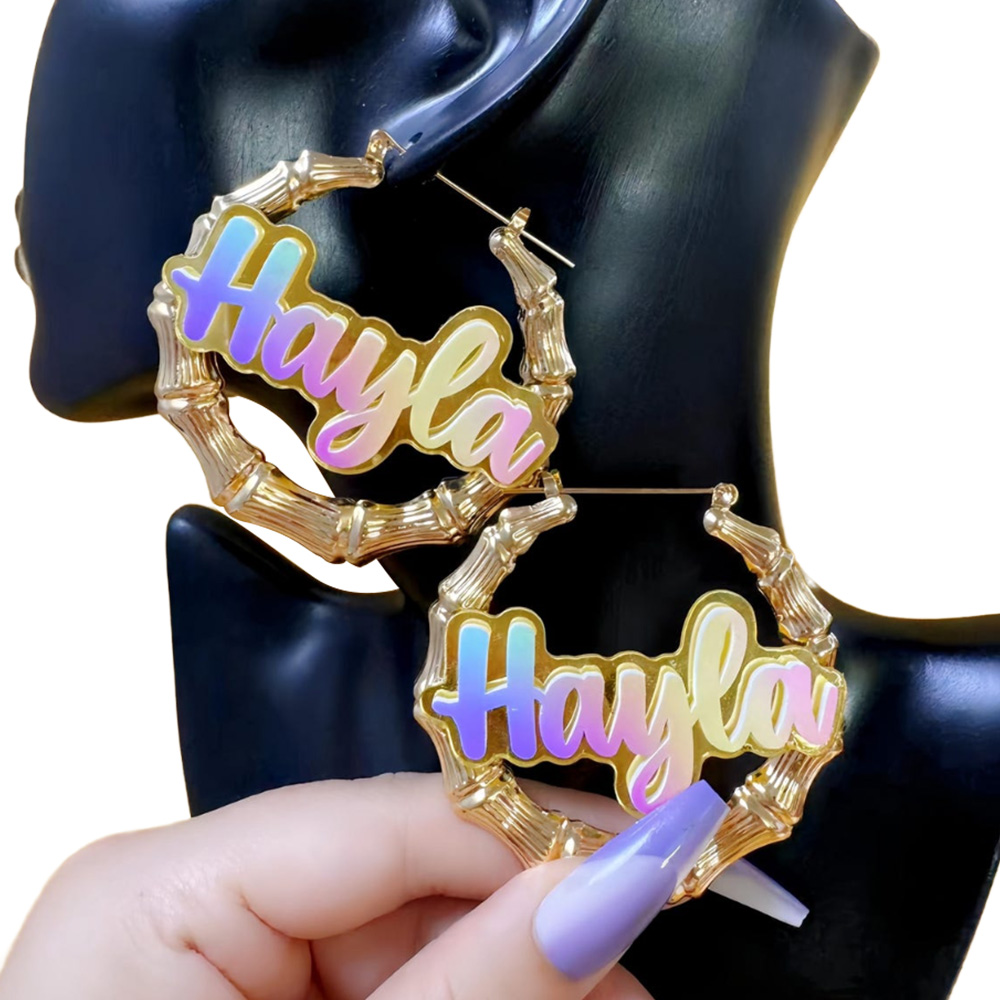 Rainbow Bamboo Hoop Name Earrings