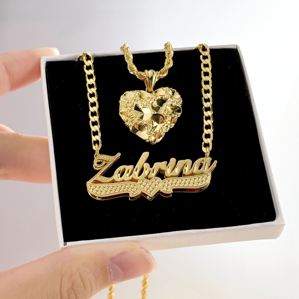 Nugget Style Heart Pendant Necklace and Diamond Cut 3D Name Necklace Set