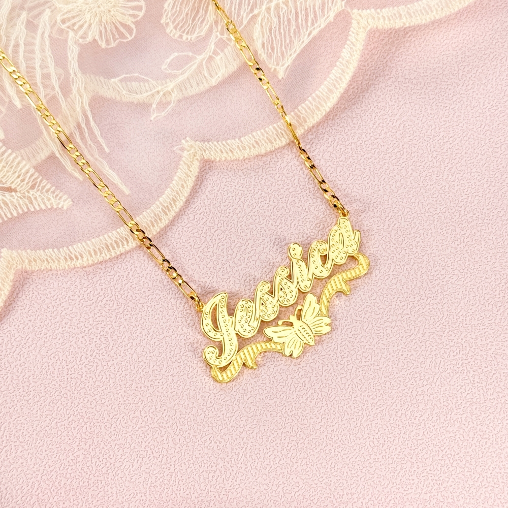 Double Layer Butterfly Nameplate Pendant Personalized Custom Gold Plated Name Necklace