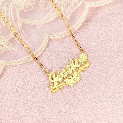 Double Layer Butterfly Nameplate Pendant Personalized Custom Gold Plated Name Necklace