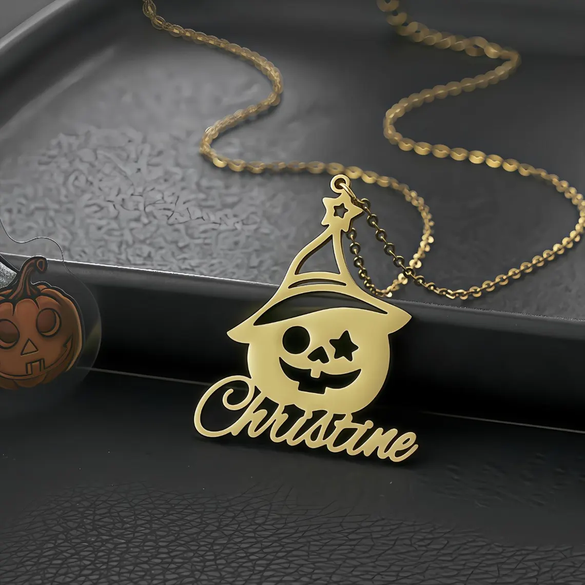 Personalized Halloween Gold Pumpkin Charm Name Necklace
