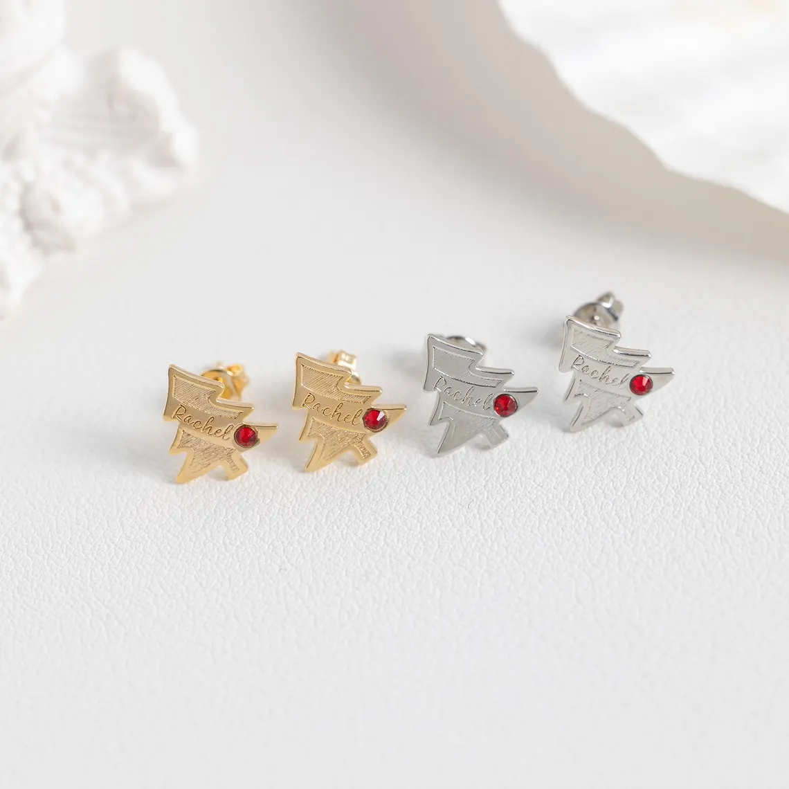 Christmas Tree Personalized Nameplate with Birthstone Stud Earrings