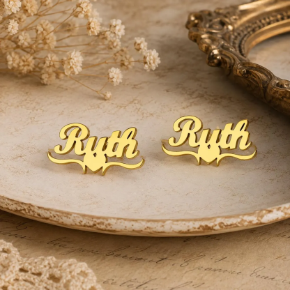 Personalized Heart Name Stud Earrings Gold Plated