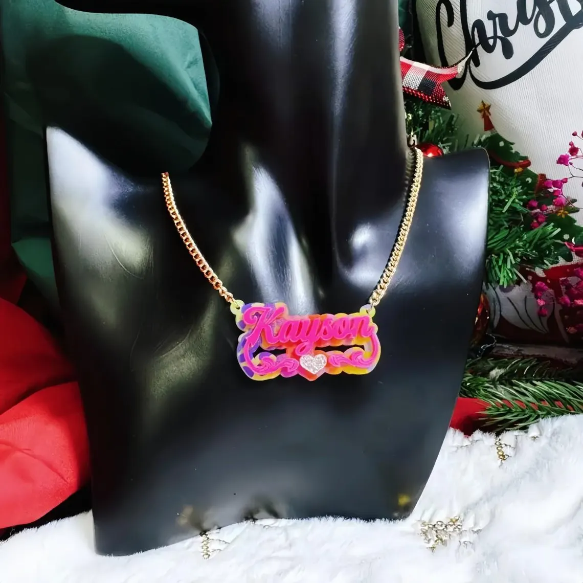 Personalized Double Layer Acrylic Leopard Pink Heart Name Necklace