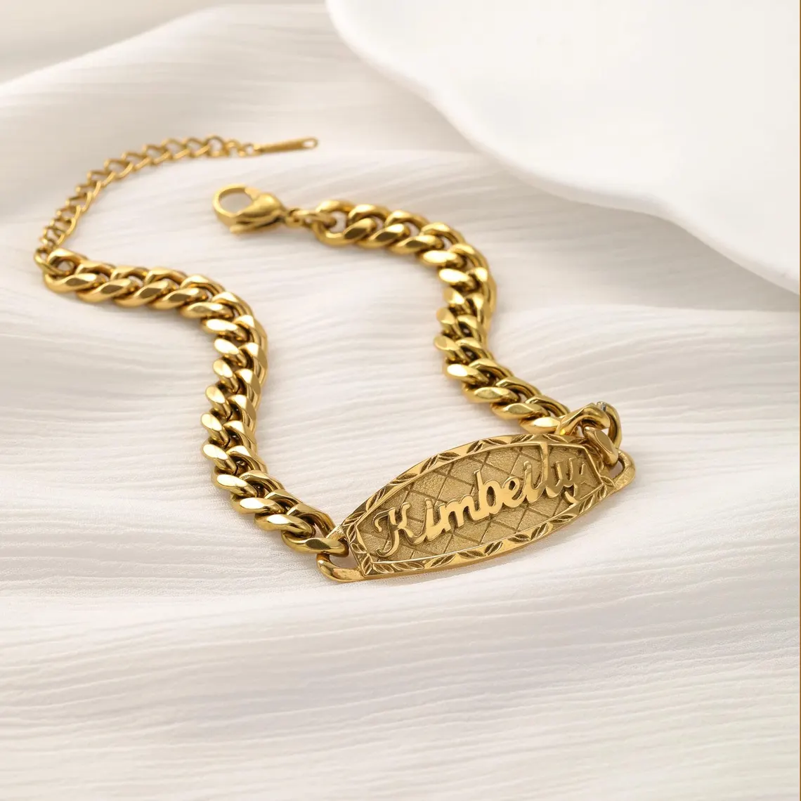 Custom ID Bar Diamond Cut 3D Name Bracelet Curb Chain