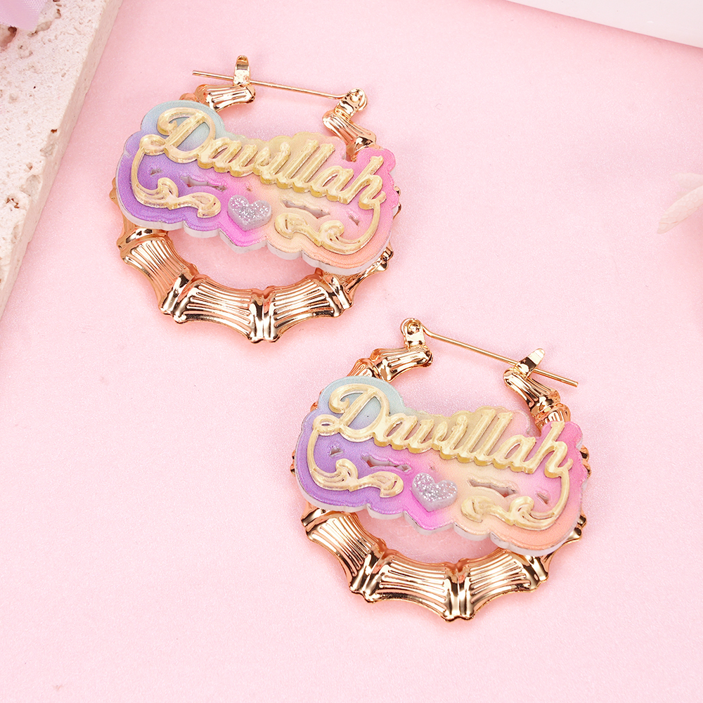 Personalized Colorful Acrylic Name with Heart Bamboo Hoop Earrings