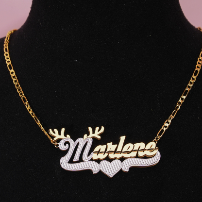Double Layer Two Tone Personalized Antlers And Heart Name Necklace
