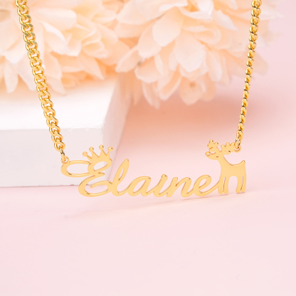 Personalized Elk Crown Nameplate Pendant Cuban Chain Name Necklace