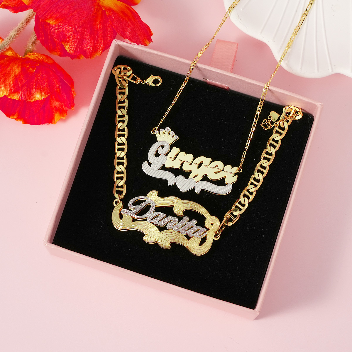 Double Layer Two Tone Name Bracelet and Crown Heart Necklace Custom Gold Plated Set