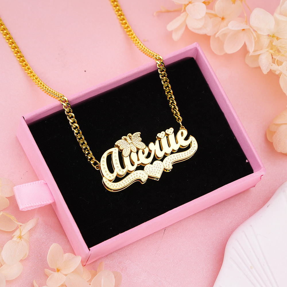 Double Layer Butterfly Heart Nameplate Personalized Name Necklace 