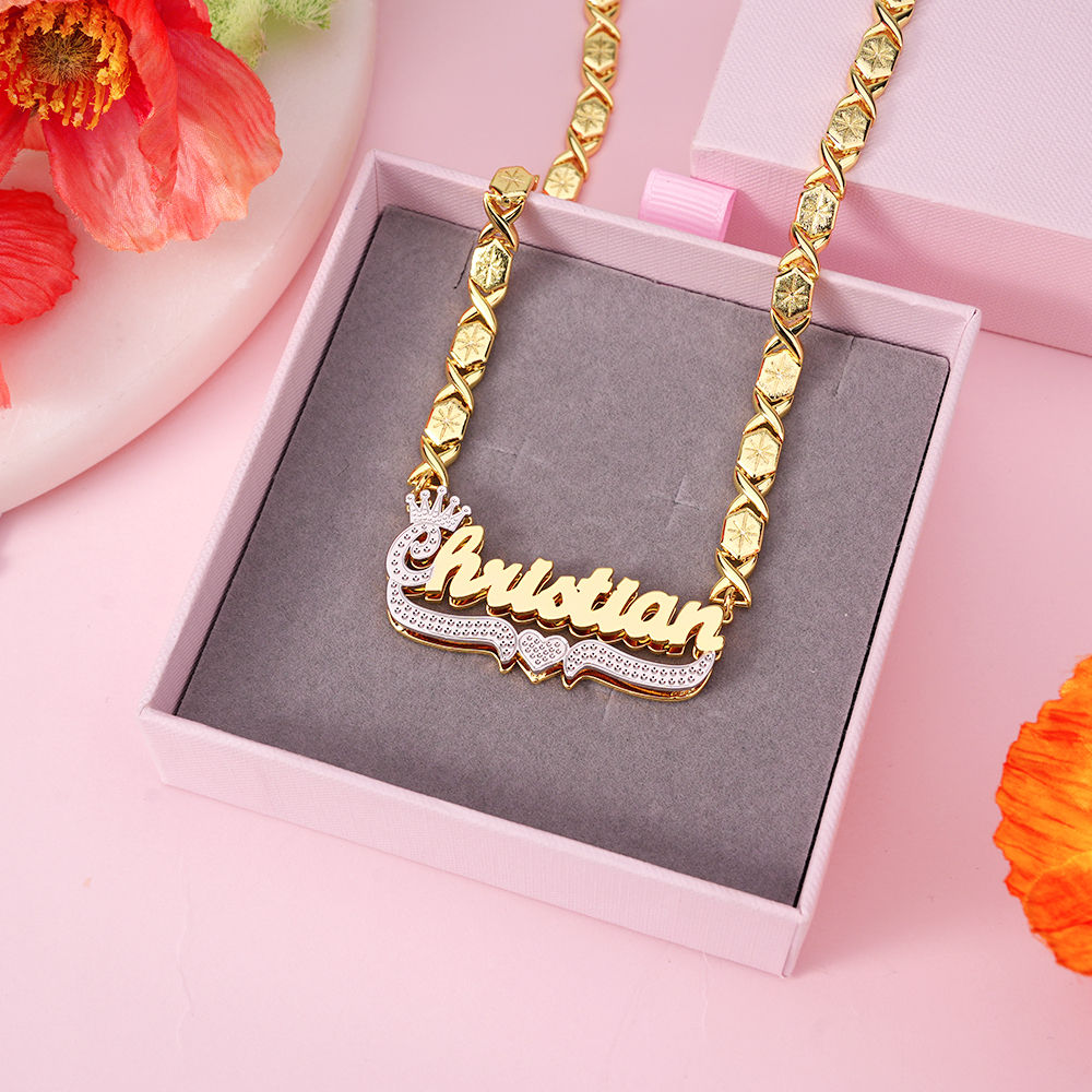 Two Tone Crown Nameplate with Heart XOXO Chain Personalized Name Necklace