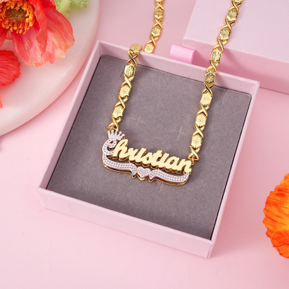 Two Tone Crown Nameplate with Heart XOXO Chain Personalized Name Necklace 