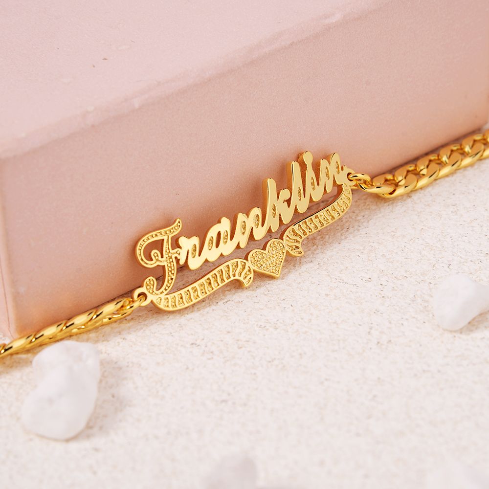 Personalized Heart Name Bracelet Cuban Chain Gold Plated Bracelet