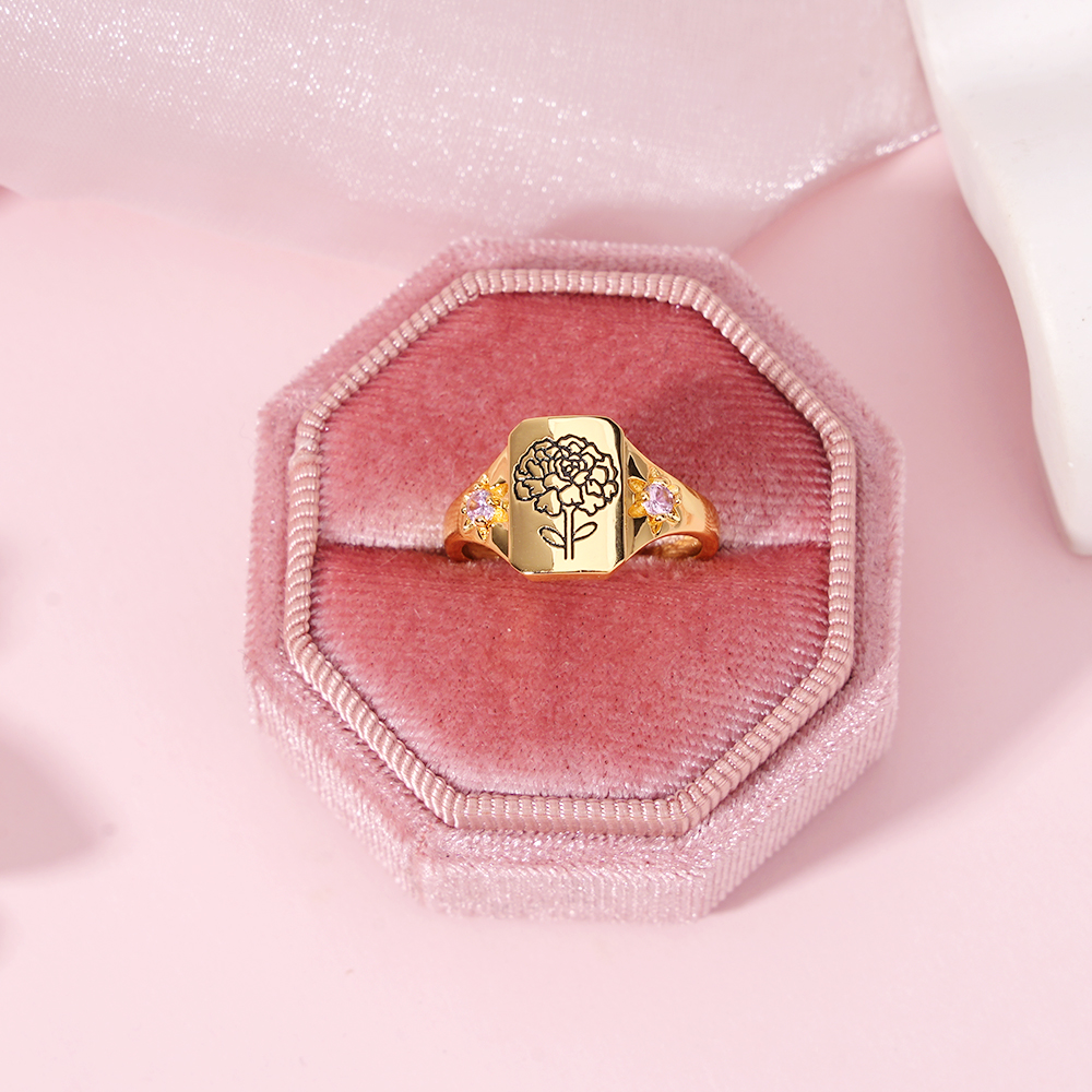 Personalized Engraved Family Birth Flower Bouquet Ring with 2 Birthstones