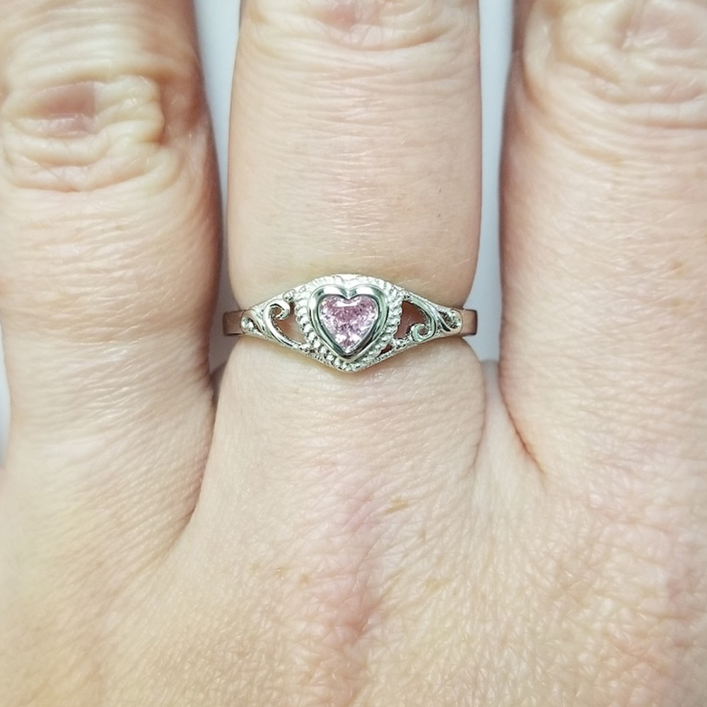 Heart Shaped Pink Stone Ring Custom Engraved Promise Ring
