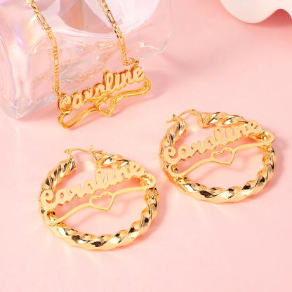 Heart Pendant Personalized Double Plated Name Necklace and Twist Hoop Name Earrings Jewelry Set