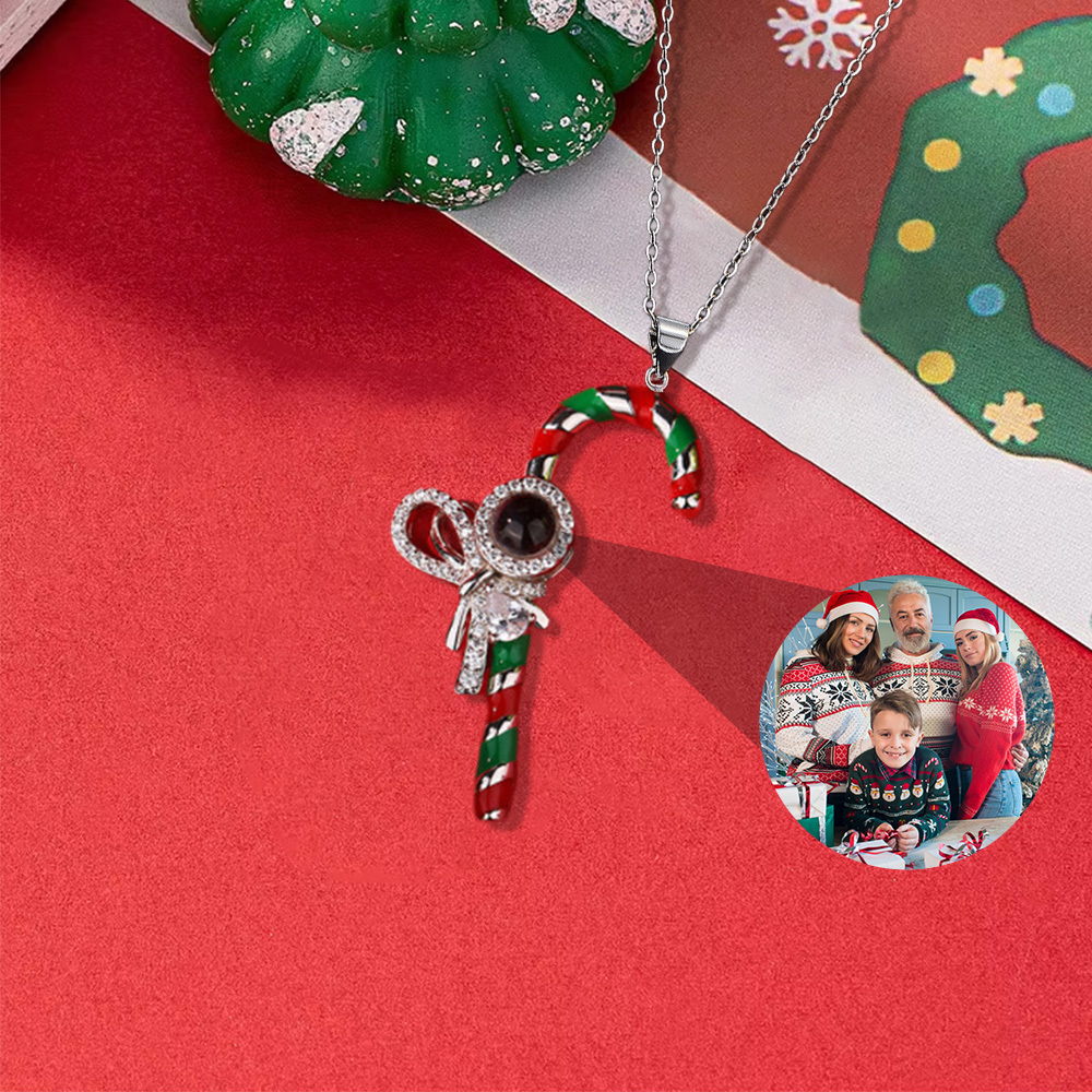 Personalized Candy Cane Pendant Necklace With Photo Inside