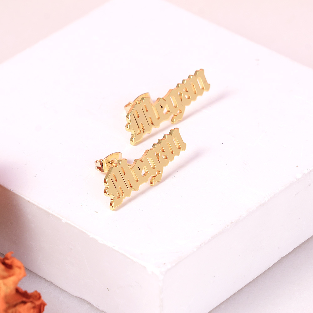 Old English Font Stud Gold Plated Personalized Name Earrings