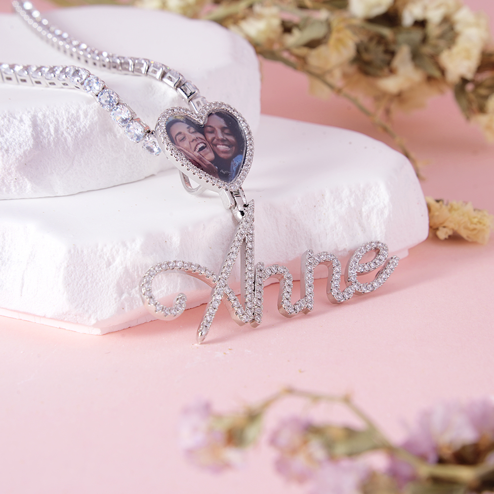 Custom Name Picure Pendant Heart Hook Cursive Letters Necklaces