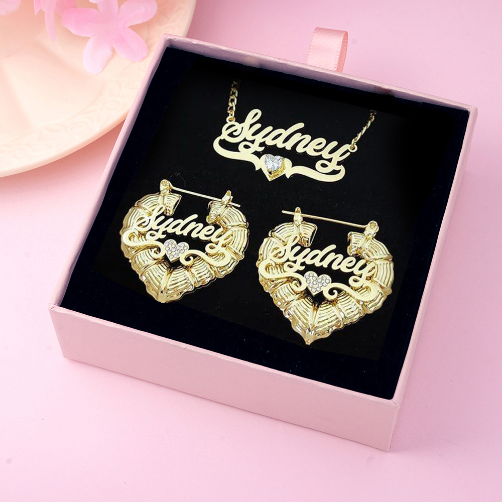 Heart Plate Name Necklace and Bamboo Earrings With Birthstone
