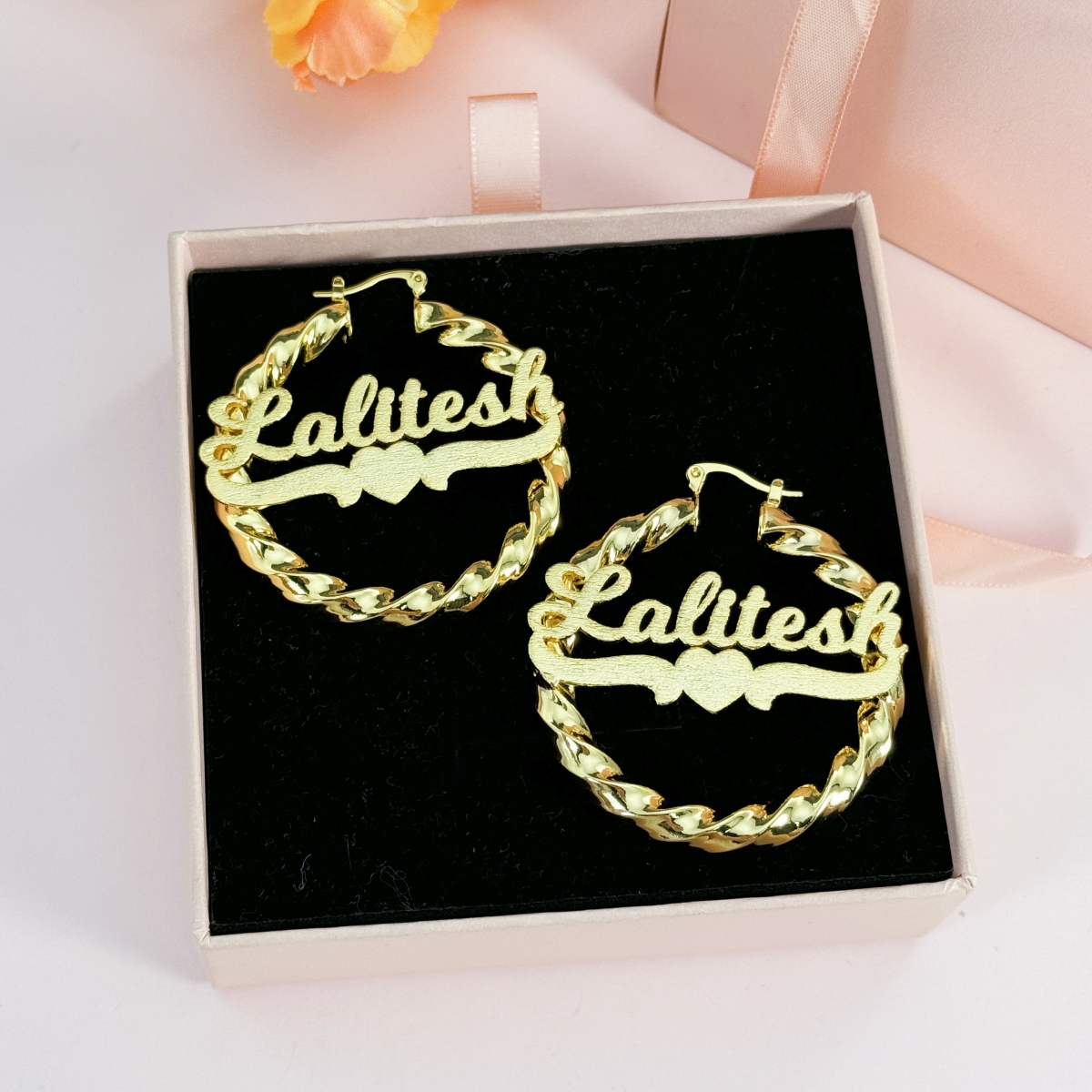 Custom Heart Name Twist Hoop Name Earrings Gold Plated