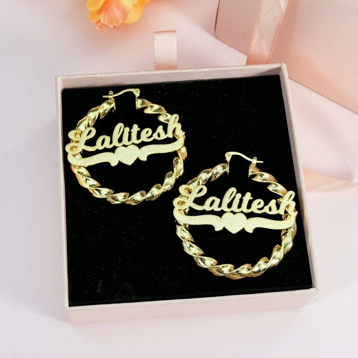 Custom Heart Name Twist Hoop Name Earrings Gold Plated