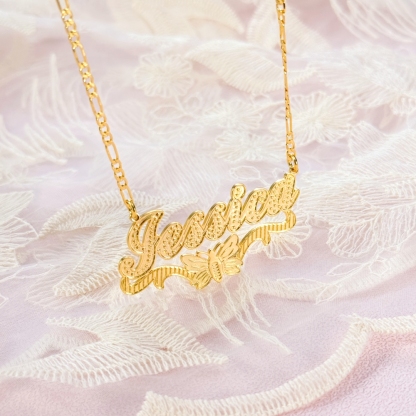 Double Layer Butterfly Nameplate Pendant Personalized Custom Gold Plated Name Necklace